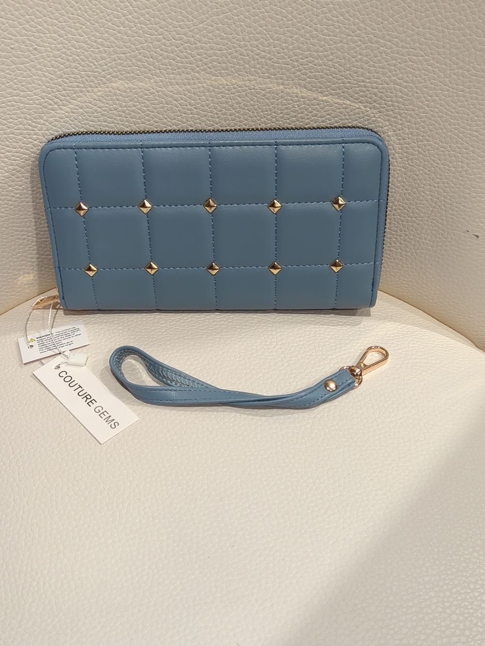 Blue Quilted Wristlet Wallet with Gold Stud Accents